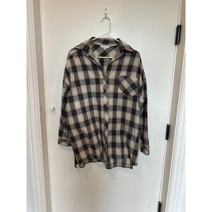 Gianni Bini Women Oversized Plaid Shirt Button Up Long Sleeve Size S Beige